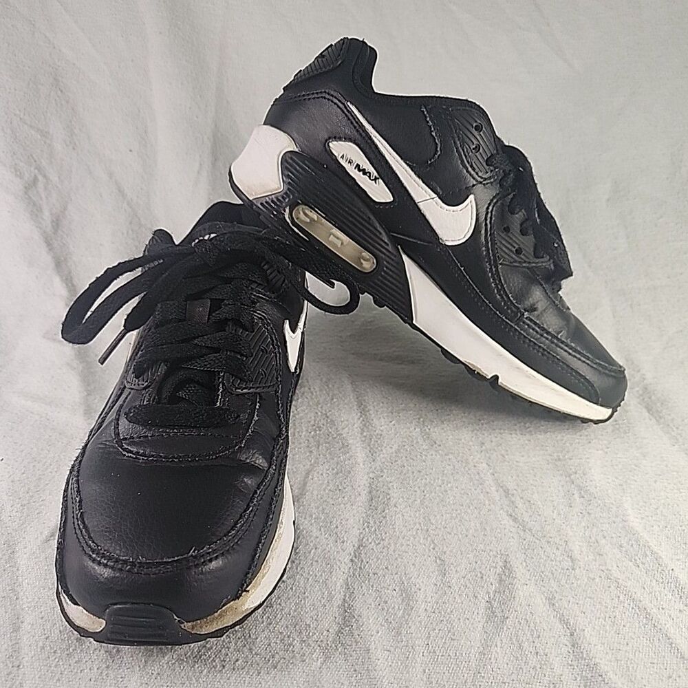 Shoes Nike Youth Air Max 90 GS Leather Black White CD6864-010 Kids Size 4Y